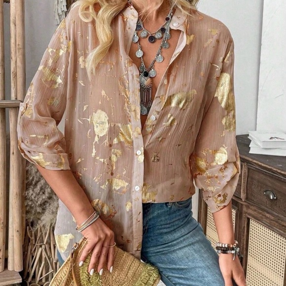 Women's Sheer Taupe Button-Down Blouse with Gold Foil - Picture 4 of 6
